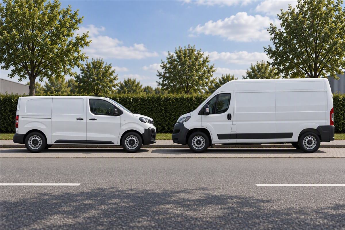 Peugeot e-Expert M en Opel Movano-e L3H2 naast elkaar, zijaanzicht